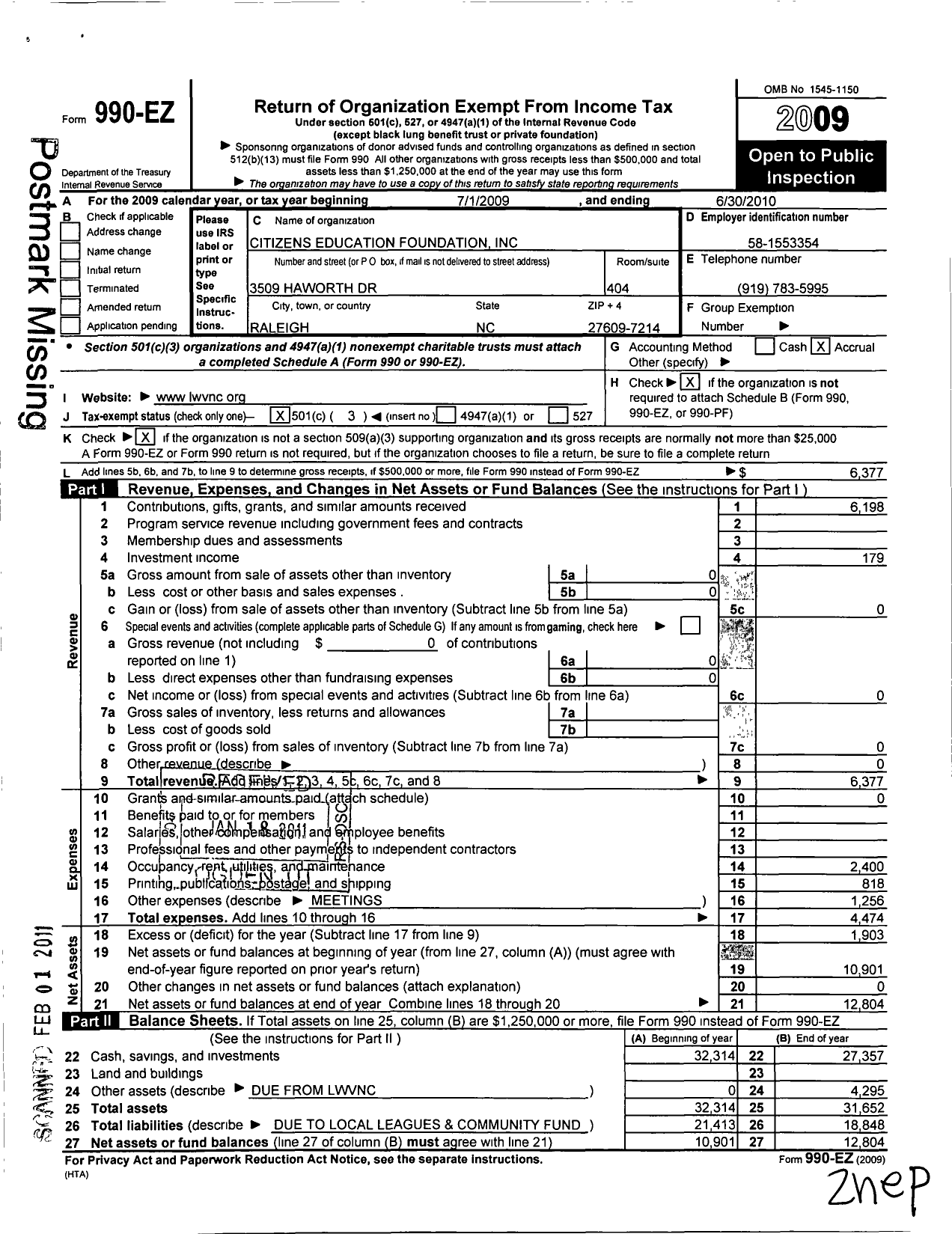 Image of first page of 2009 Form 990EZ for The League of Women Voters of North Carolina