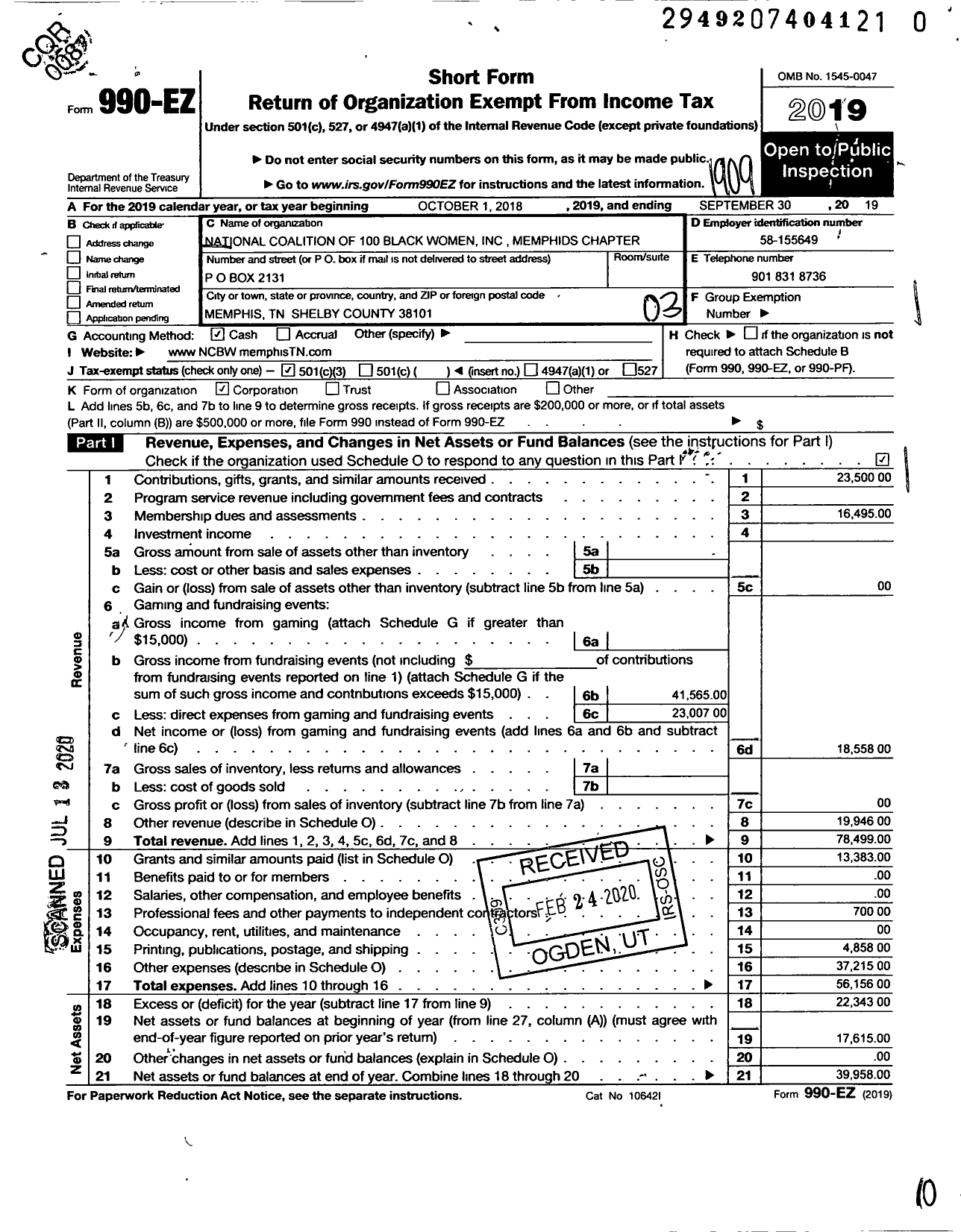 Image of first page of 2018 Form 990EZ for Memphis Chapter of National Coalition of 100 Black Women