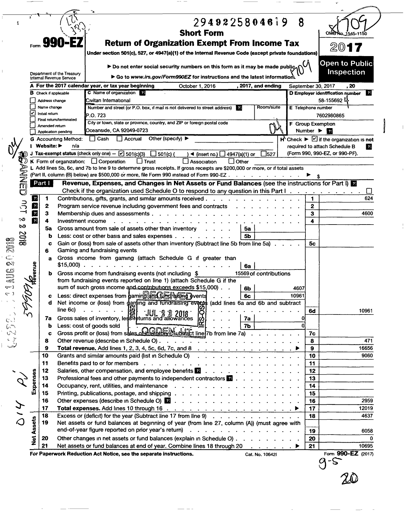 Image of first page of 2016 Form 990EO for Civitan International / Oceanside Ca