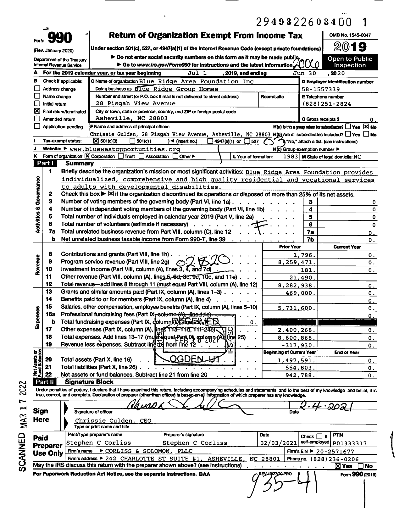 Image of first page of 2019 Form 990 for Blue Ridge Group Homes