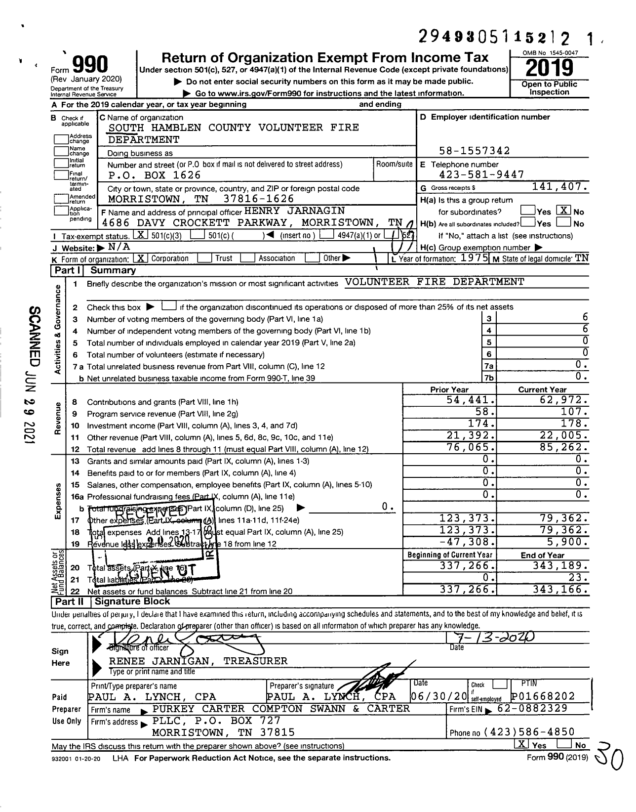 Image of first page of 2019 Form 990 for South Hamblen County Volunteer Fire Department