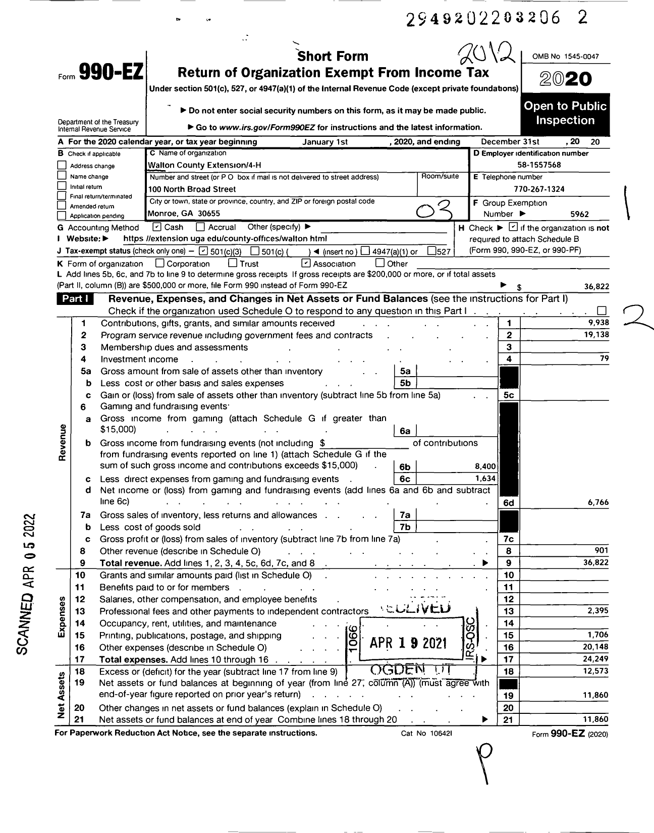 Image of first page of 2020 Form 990EZ for Walton County Extension4-H