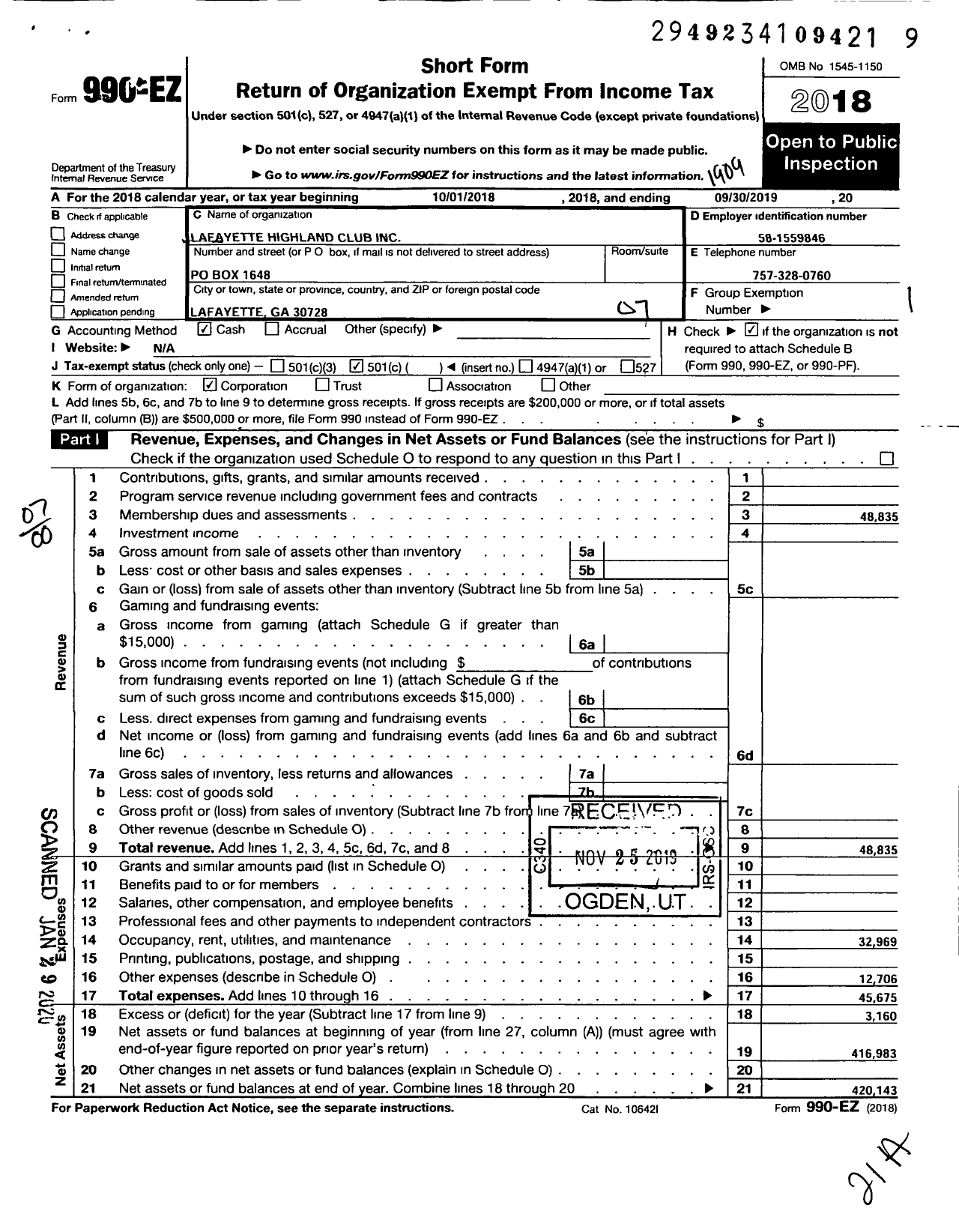 Image of first page of 2018 Form 990EO for Lafayette Highland Club