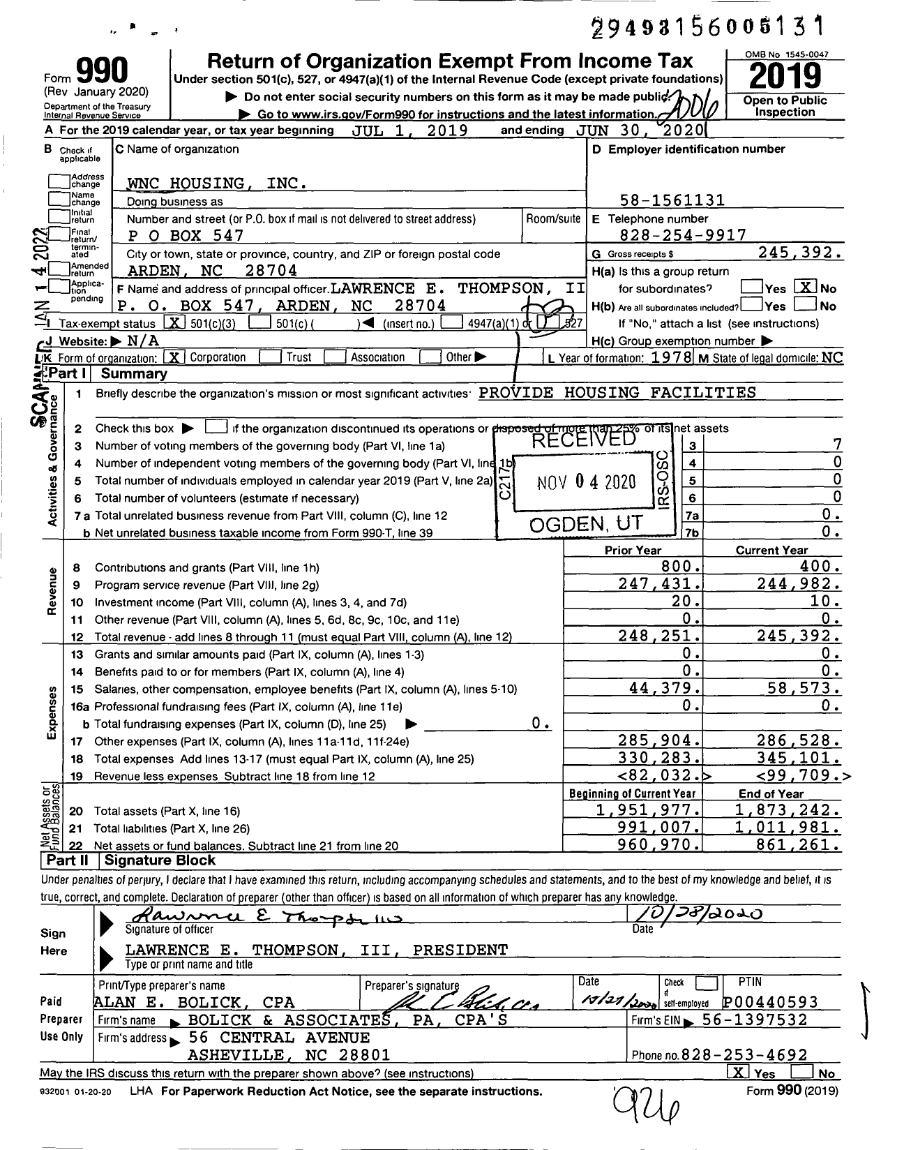 Image of first page of 2019 Form 990 for WNC Housing