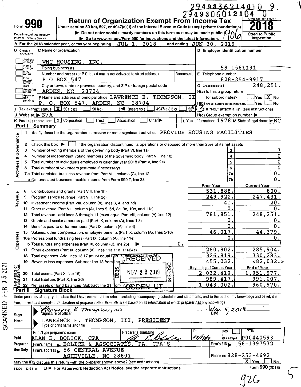 Image of first page of 2018 Form 990 for WNC Housing