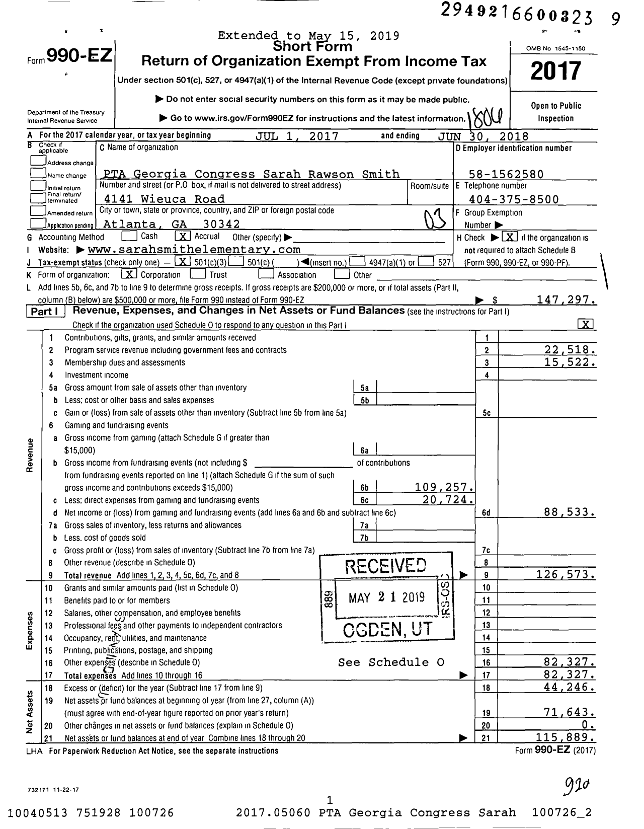 Image of first page of 2017 Form 990EZ for Georgia PTA - Sarah R Smith Elementary PTA