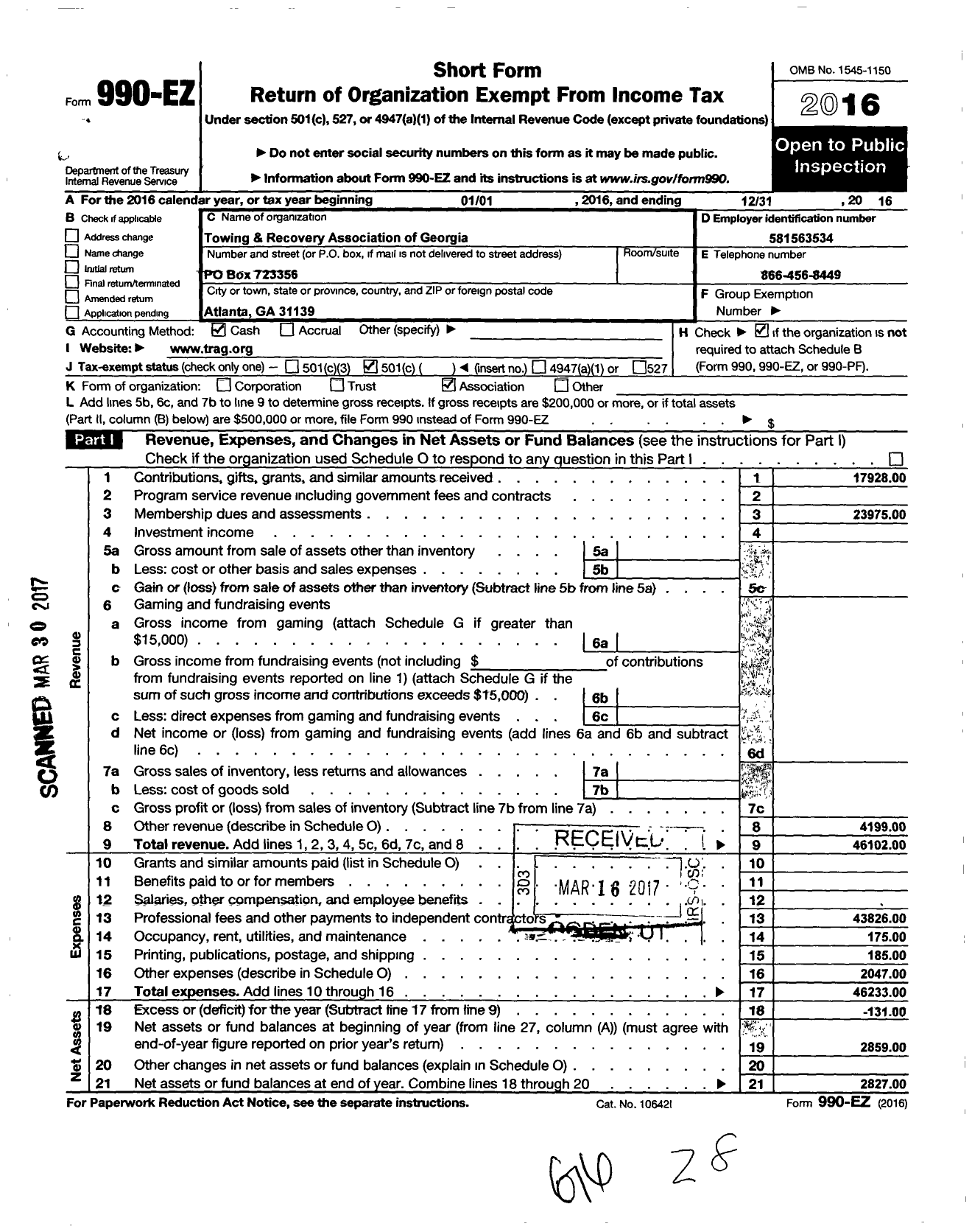 Image of first page of 2016 Form 990EO for Towing and Recovery Association of Ga