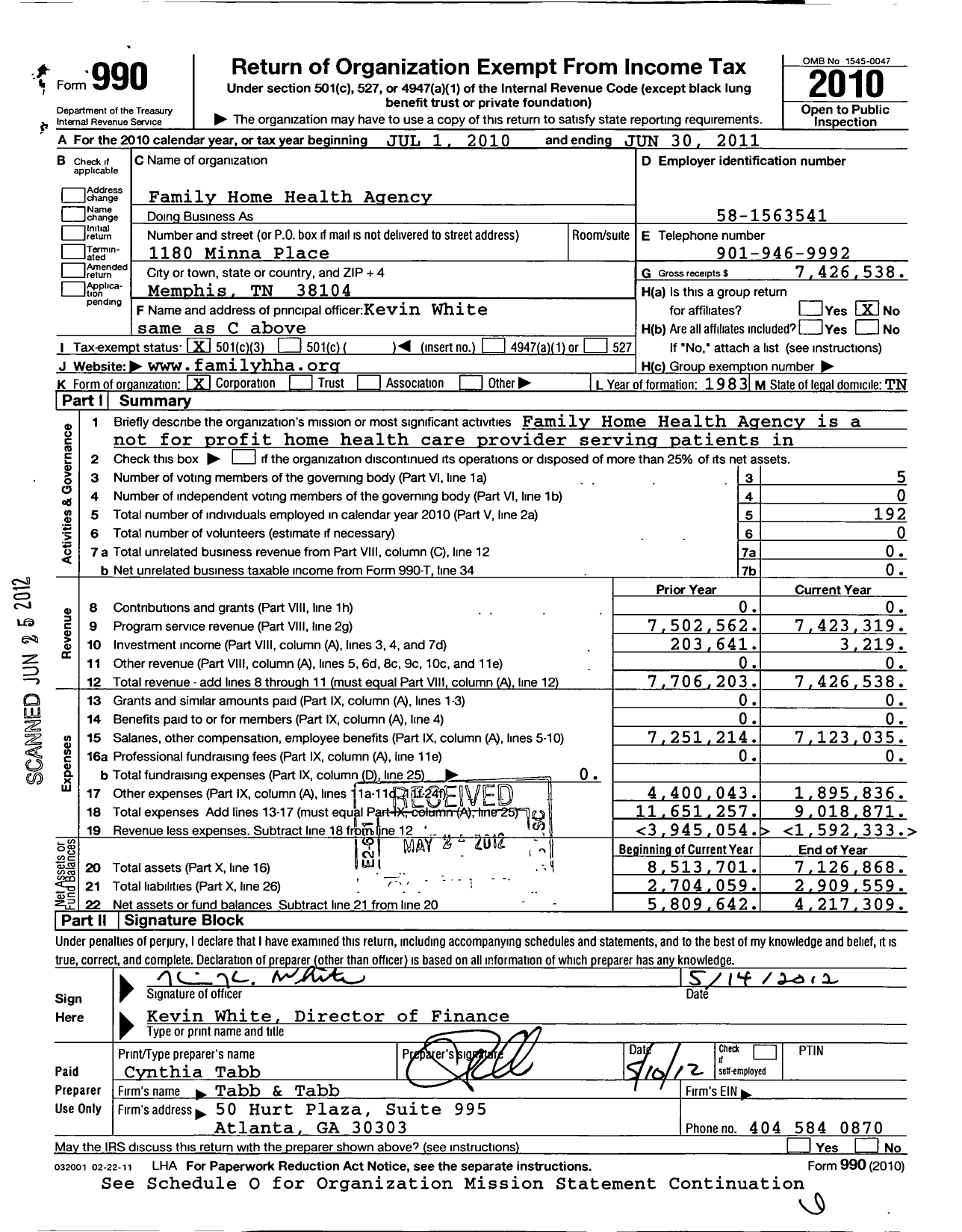 Image of first page of 2010 Form 990 for Family Home Health Agency