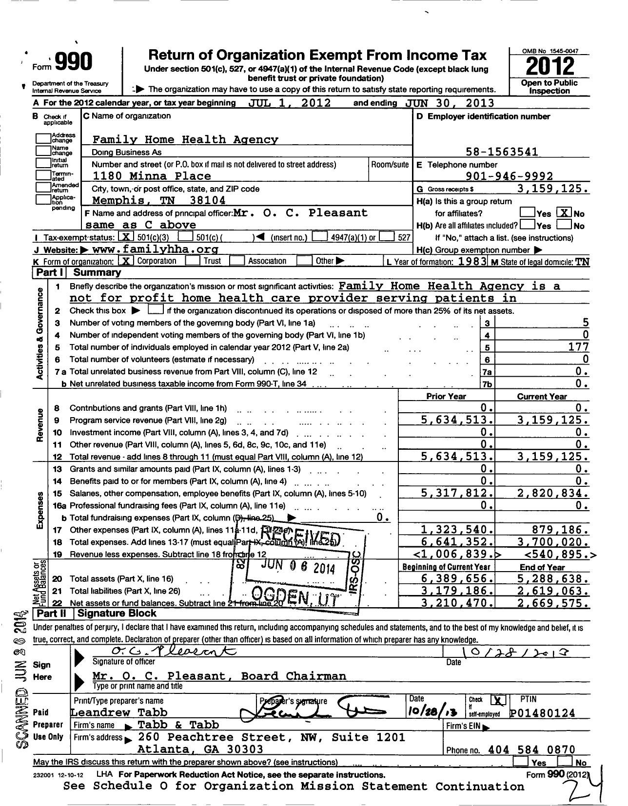 Image of first page of 2012 Form 990 for Family Home Health Agency