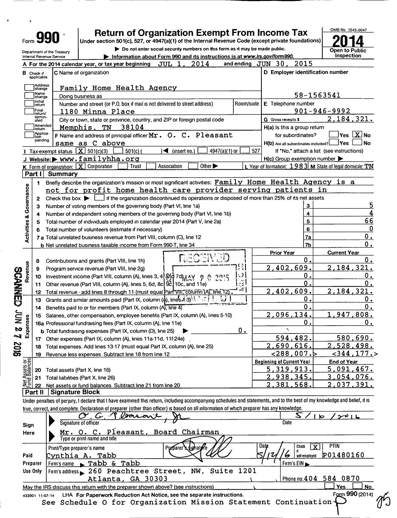 Image of first page of 2014 Form 990 for Family Home Health Agency