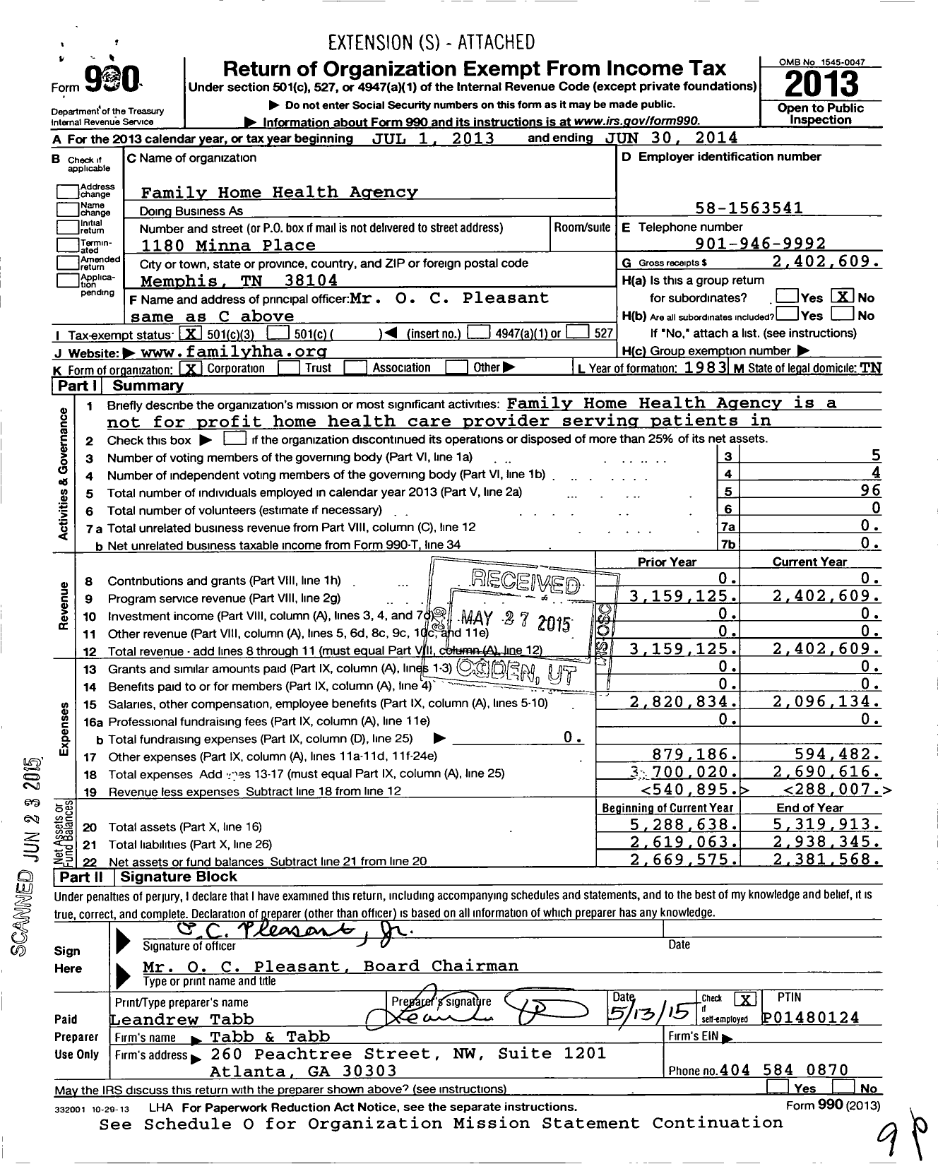 Image of first page of 2013 Form 990 for Family Home Health Agency