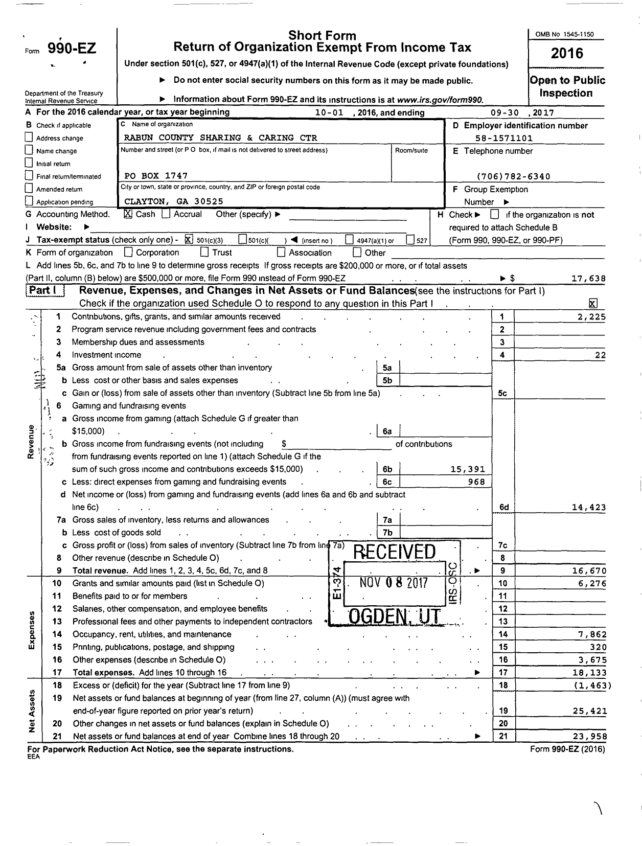 Image of first page of 2016 Form 990EZ for Rabun County Sharing and Caring Center