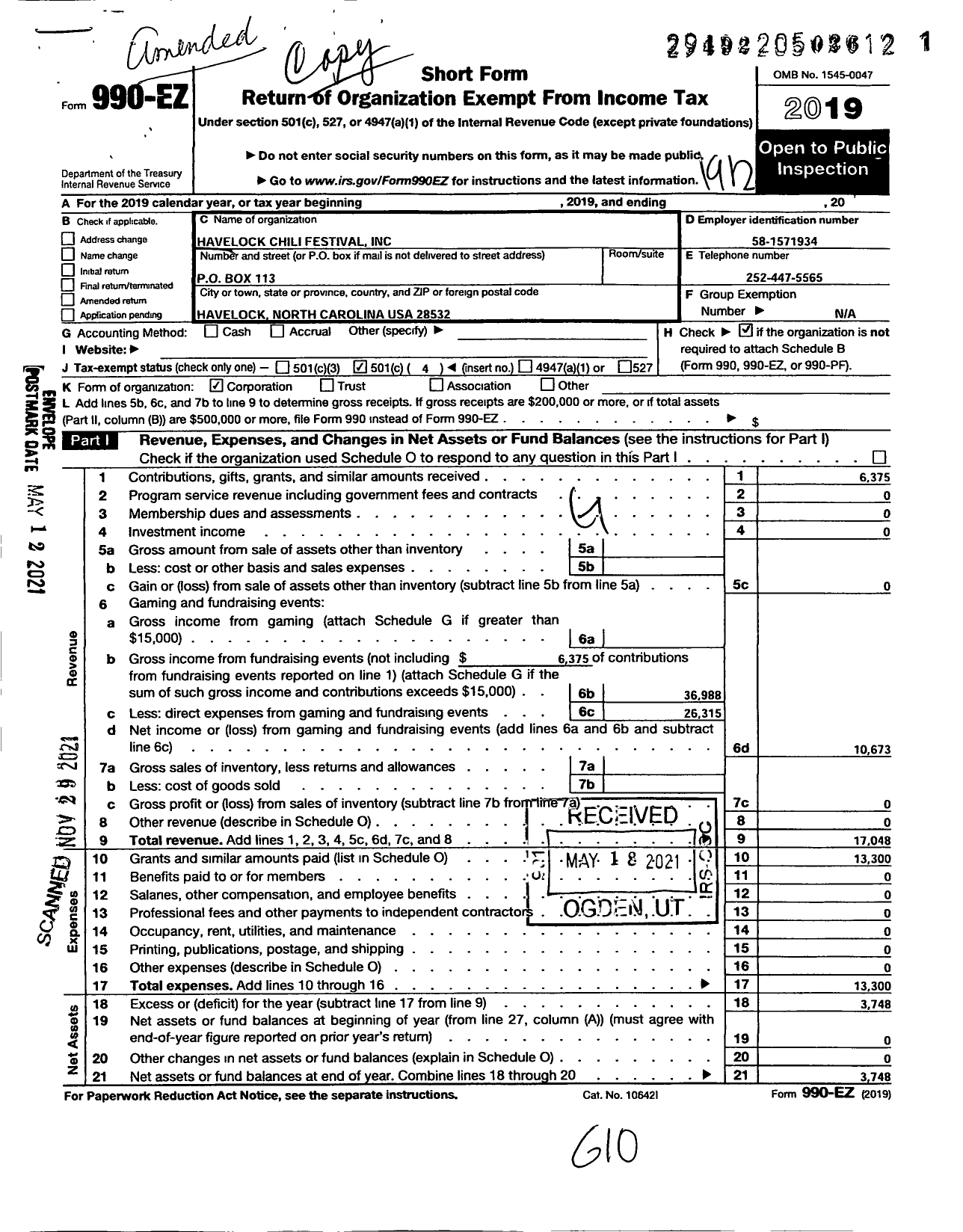 Image of first page of 2019 Form 990EO for Havelock Chili Festival