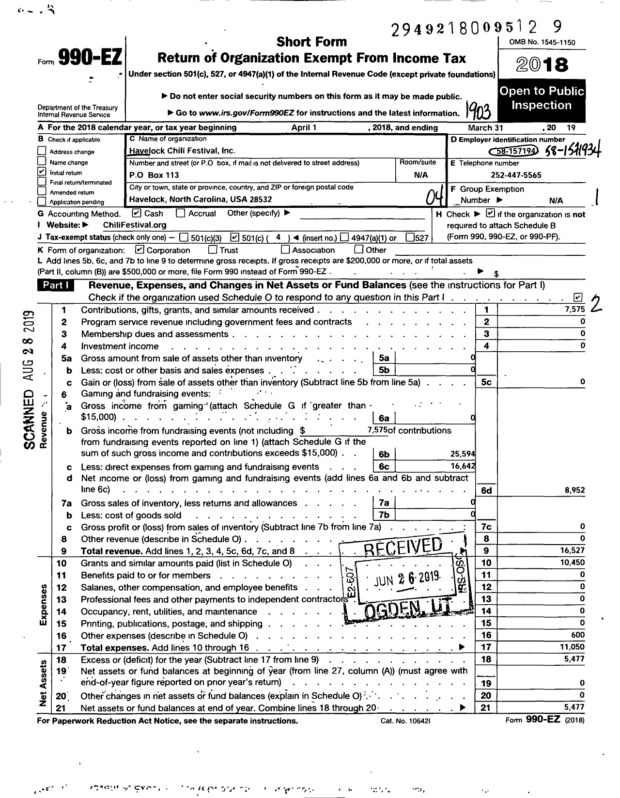 Image of first page of 2018 Form 990EO for Havelock Chili Festival