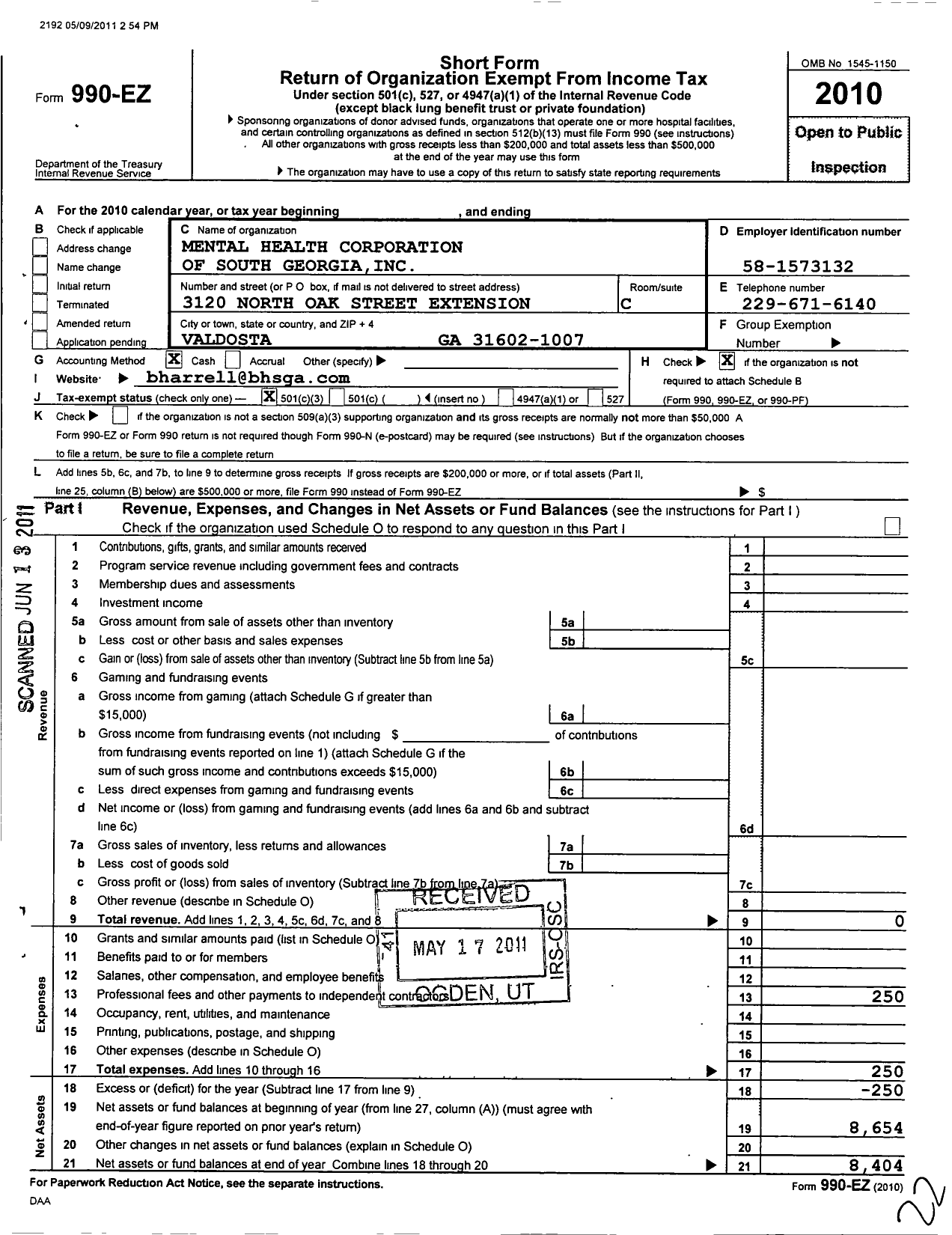 Image of first page of 2010 Form 990EZ for Mental Health Corporation of South Georgia
