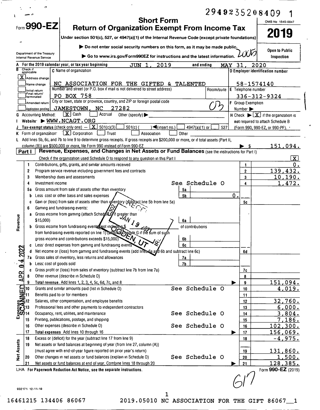 Image of first page of 2019 Form 990EZ for The North Carolina Association for the Gifted and Talented