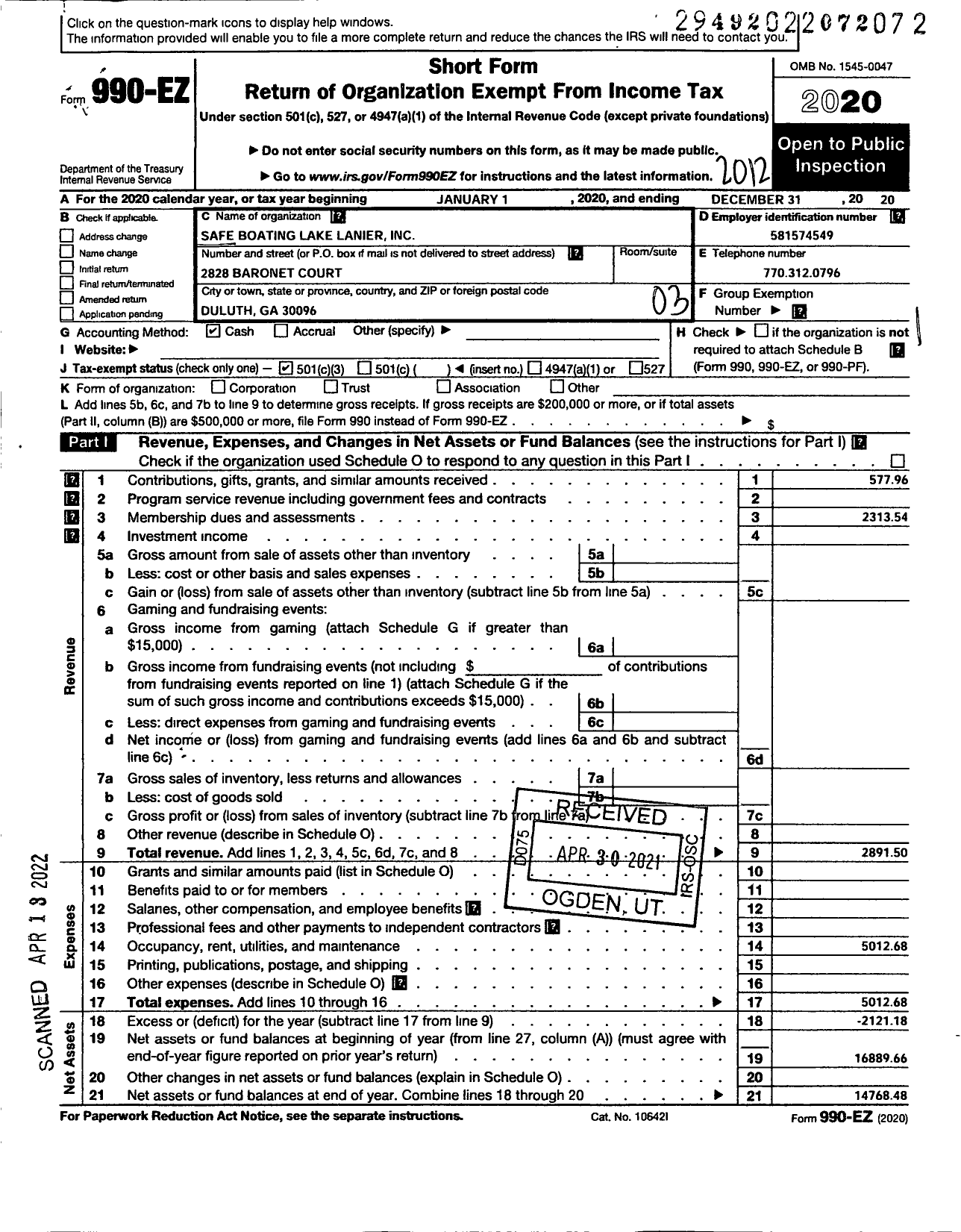 Image of first page of 2020 Form 990EZ for Safe Boating for Lake Lanier