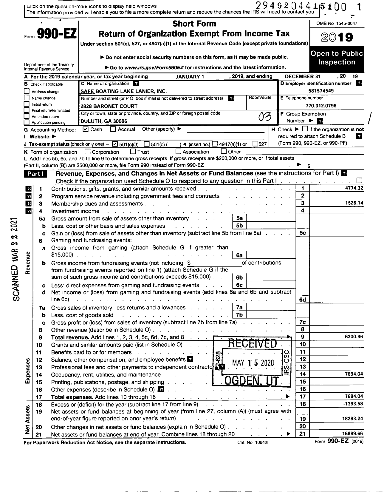 Image of first page of 2019 Form 990EZ for Safe Boating for Lake Lanier