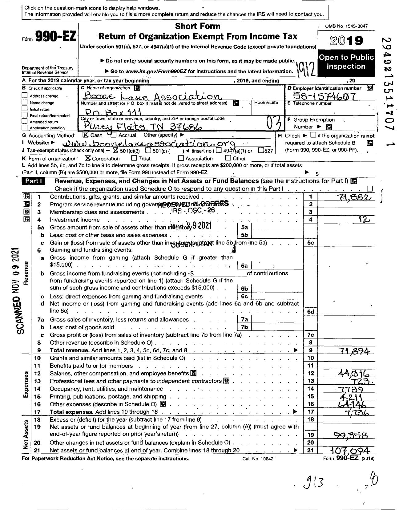 Image of first page of 2019 Form 990EZ for Boone Lake Association