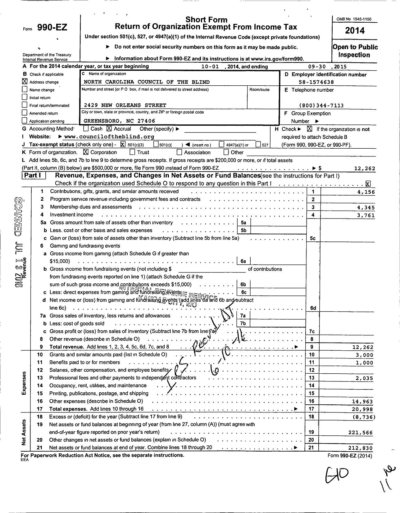 Image of first page of 2014 Form 990EZ for North Carolina Council of the Blind