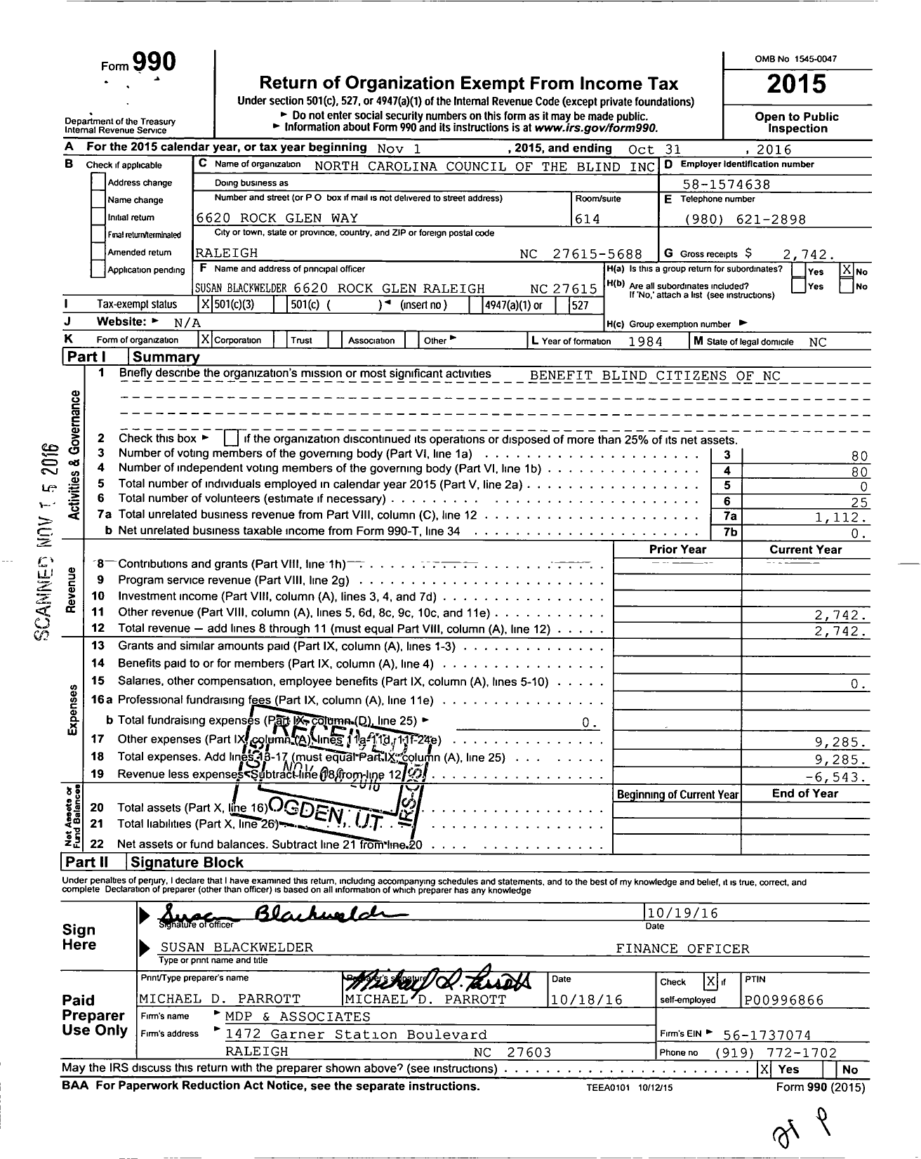 Image of first page of 2015 Form 990 for North Carolina Council of the Blind
