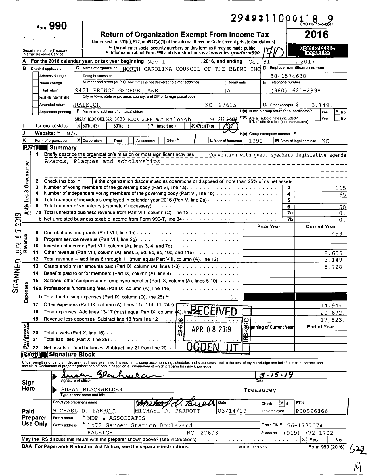 Image of first page of 2016 Form 990 for North Carolina Council of the Blind