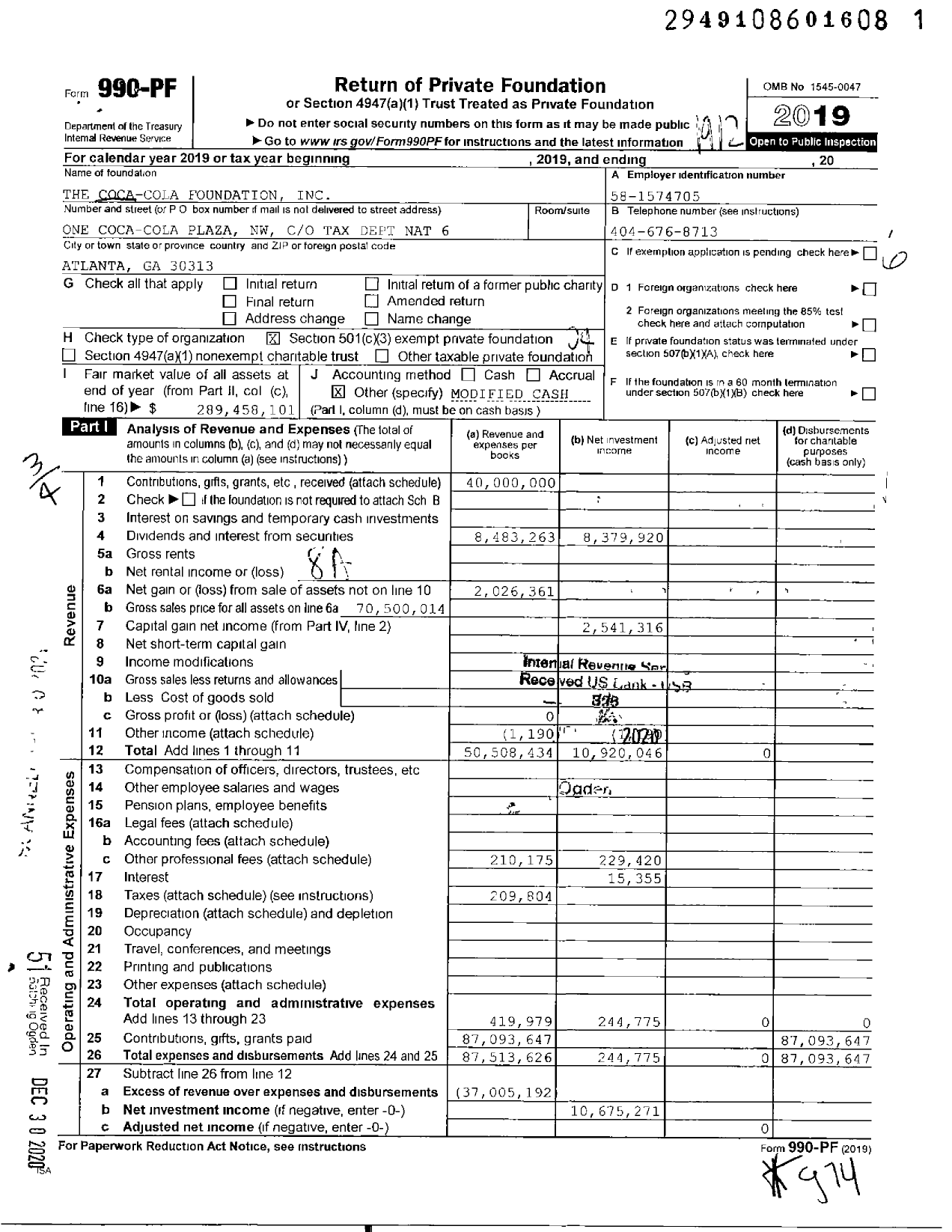 Image of first page of 2019 Form 990PF for The Coca-Cola Foundation