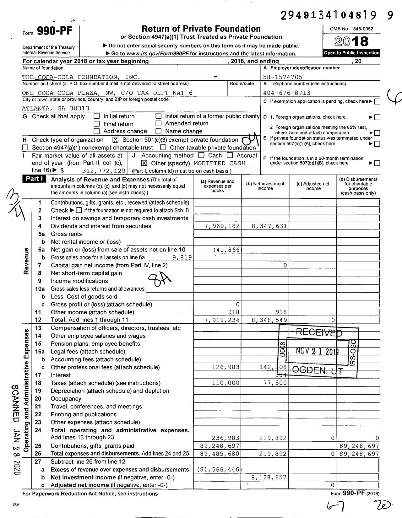 Image of first page of 2018 Form 990PF for The Coca-Cola Foundation