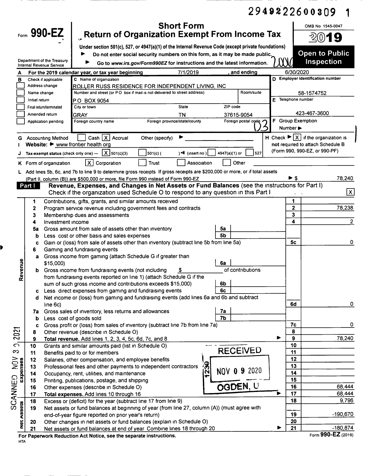 Image of first page of 2019 Form 990EZ for Roller Russ Residence for Independent Living