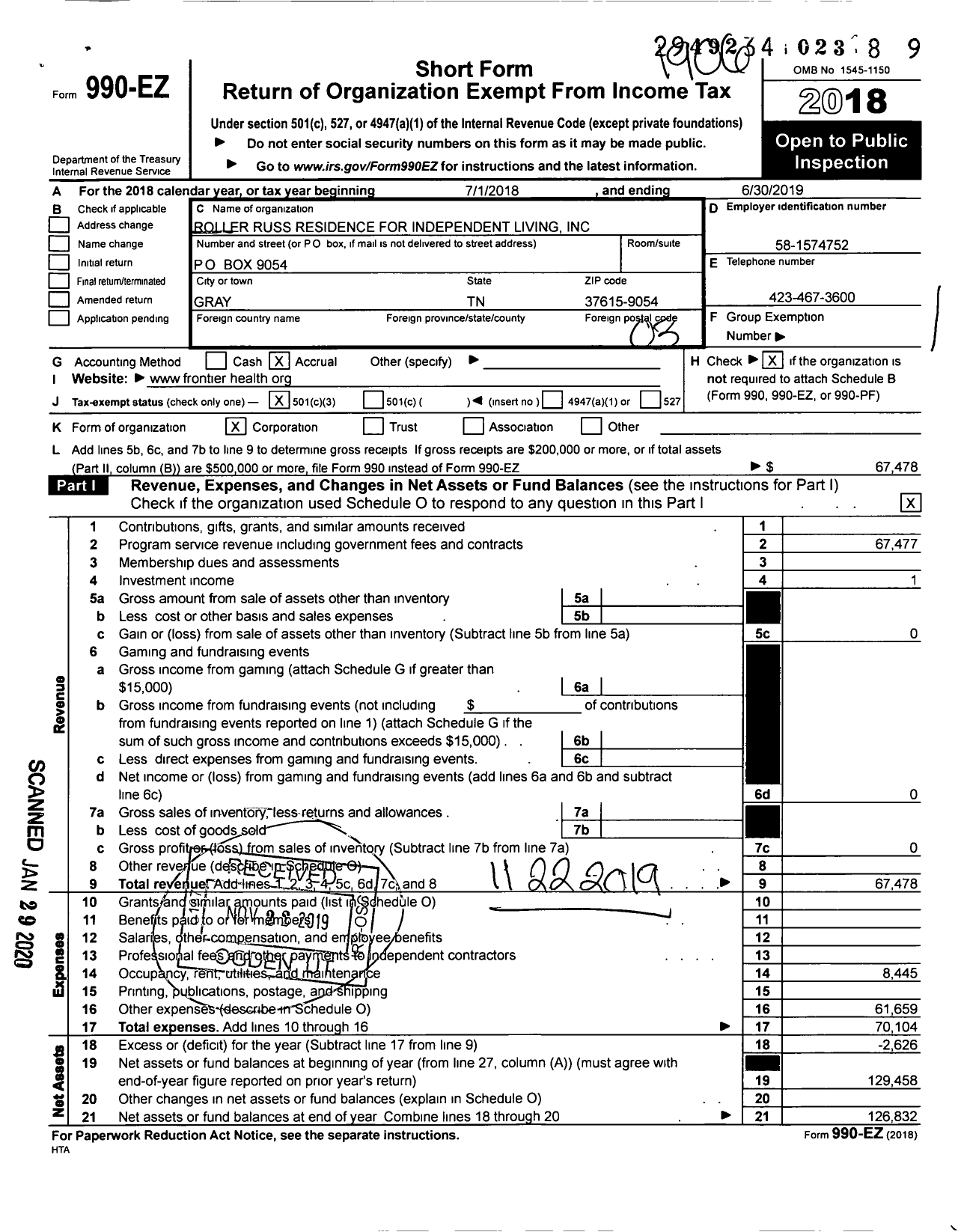 Image of first page of 2018 Form 990EZ for Roller Russ Residence for Independent Living