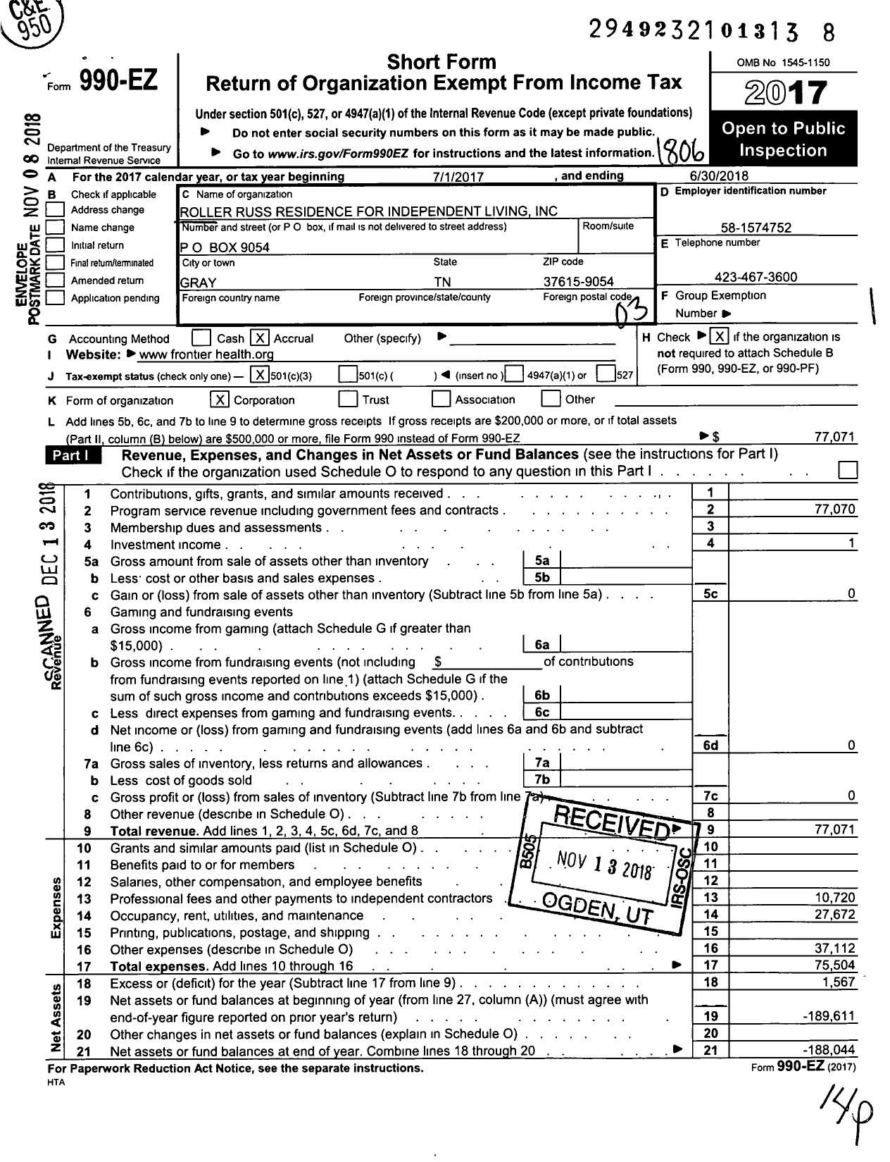 Image of first page of 2017 Form 990EZ for Roller Russ Residence for Independent Living