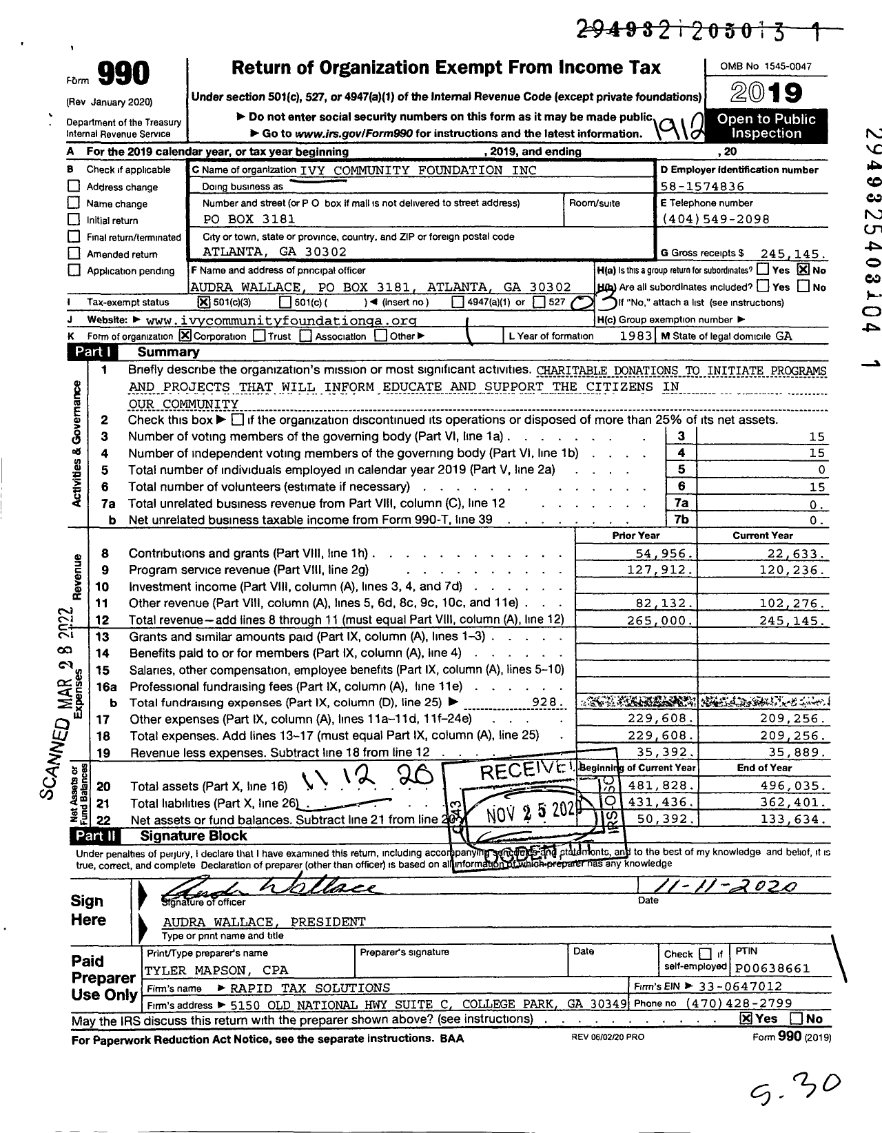 Image of first page of 2019 Form 990 for Ivy Community Foundation