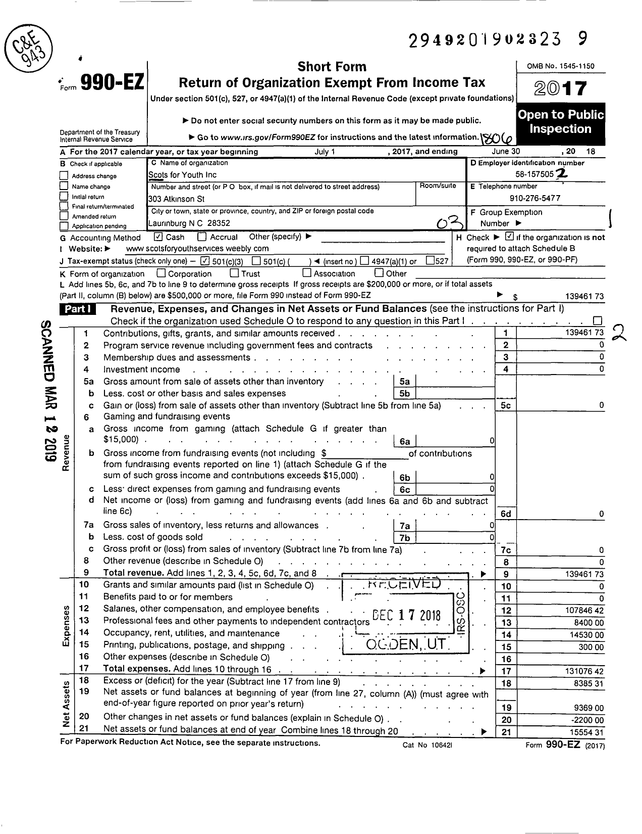 Image of first page of 2017 Form 990EZ for Scots for Youth