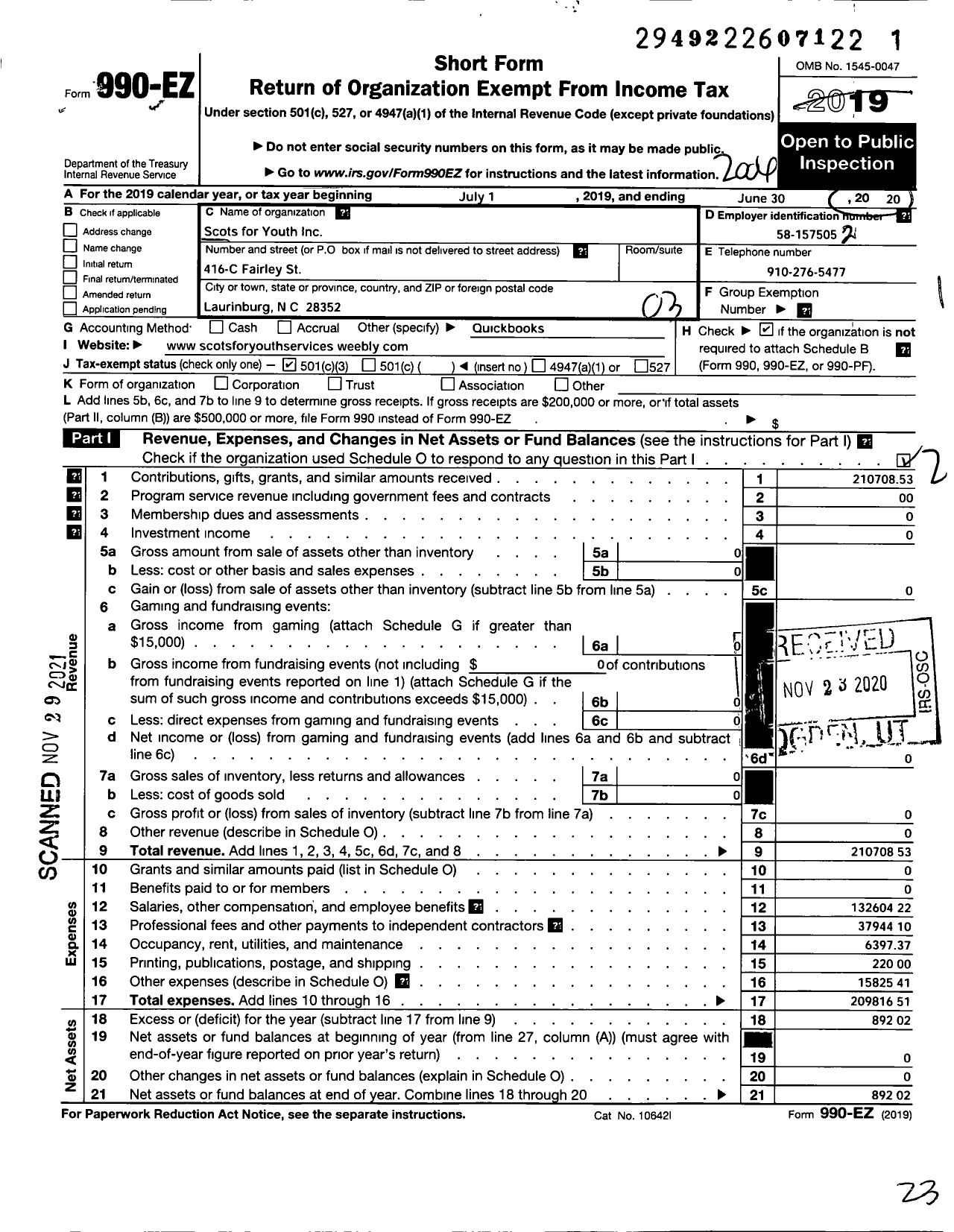 Image of first page of 2019 Form 990EZ for Scots for Youth