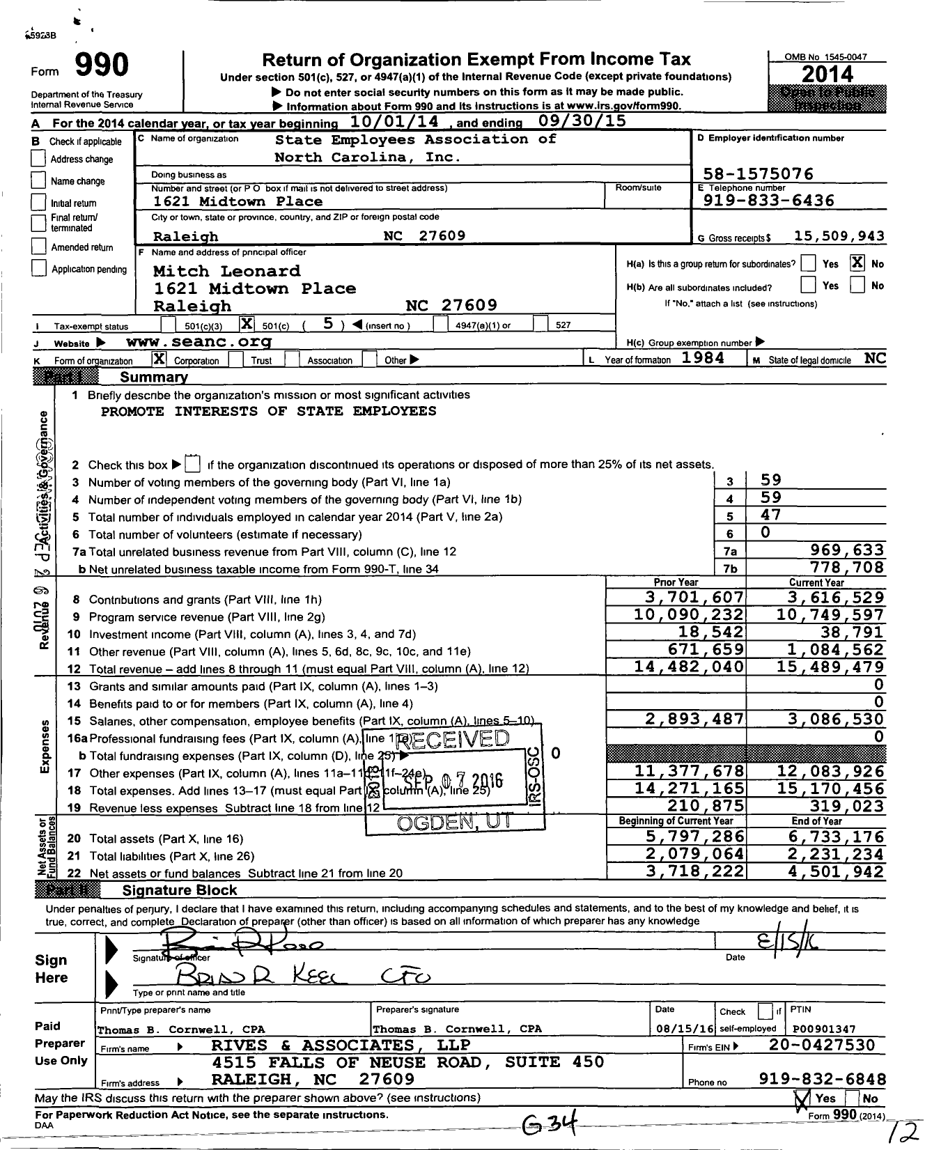 Image of first page of 2014 Form 990O for State Employees Association of North Carolina