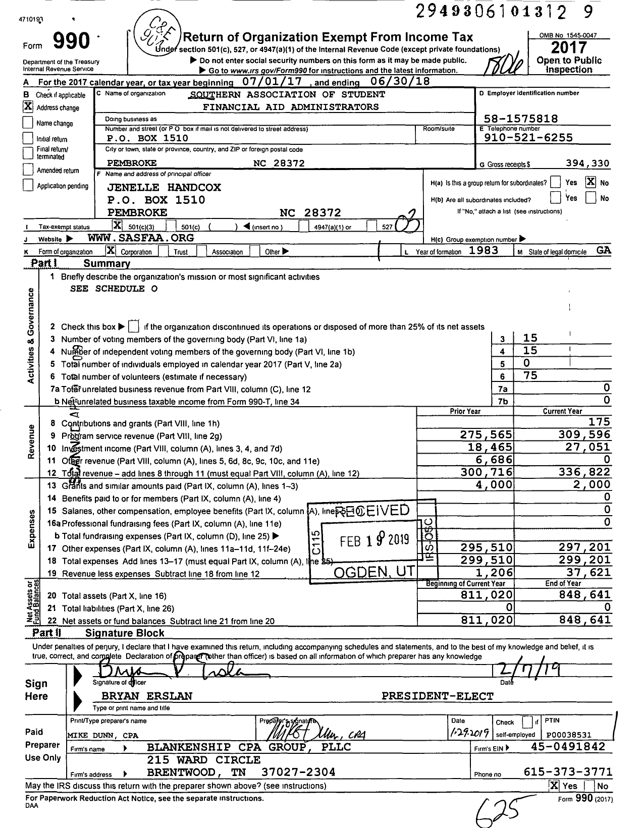 Image of first page of 2017 Form 990 for Southern Association of Student Financial Aid Administrators