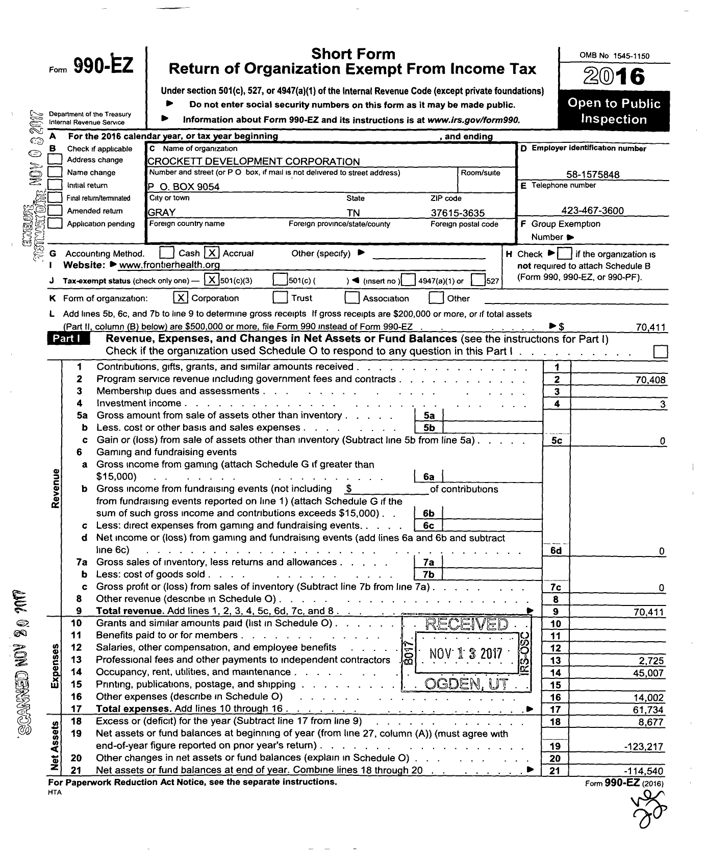 Image of first page of 2016 Form 990EZ for Crockett Development Corporation