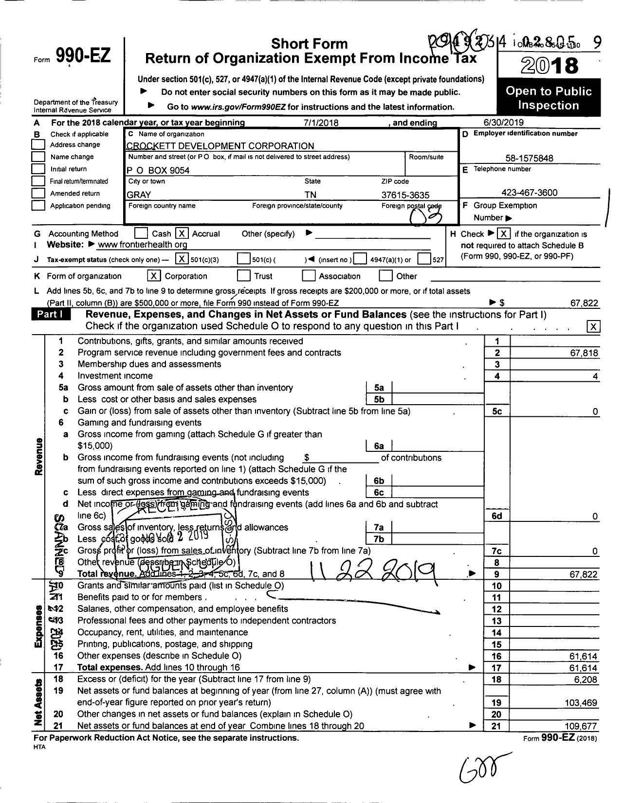 Image of first page of 2018 Form 990EZ for Crockett Development Corporation