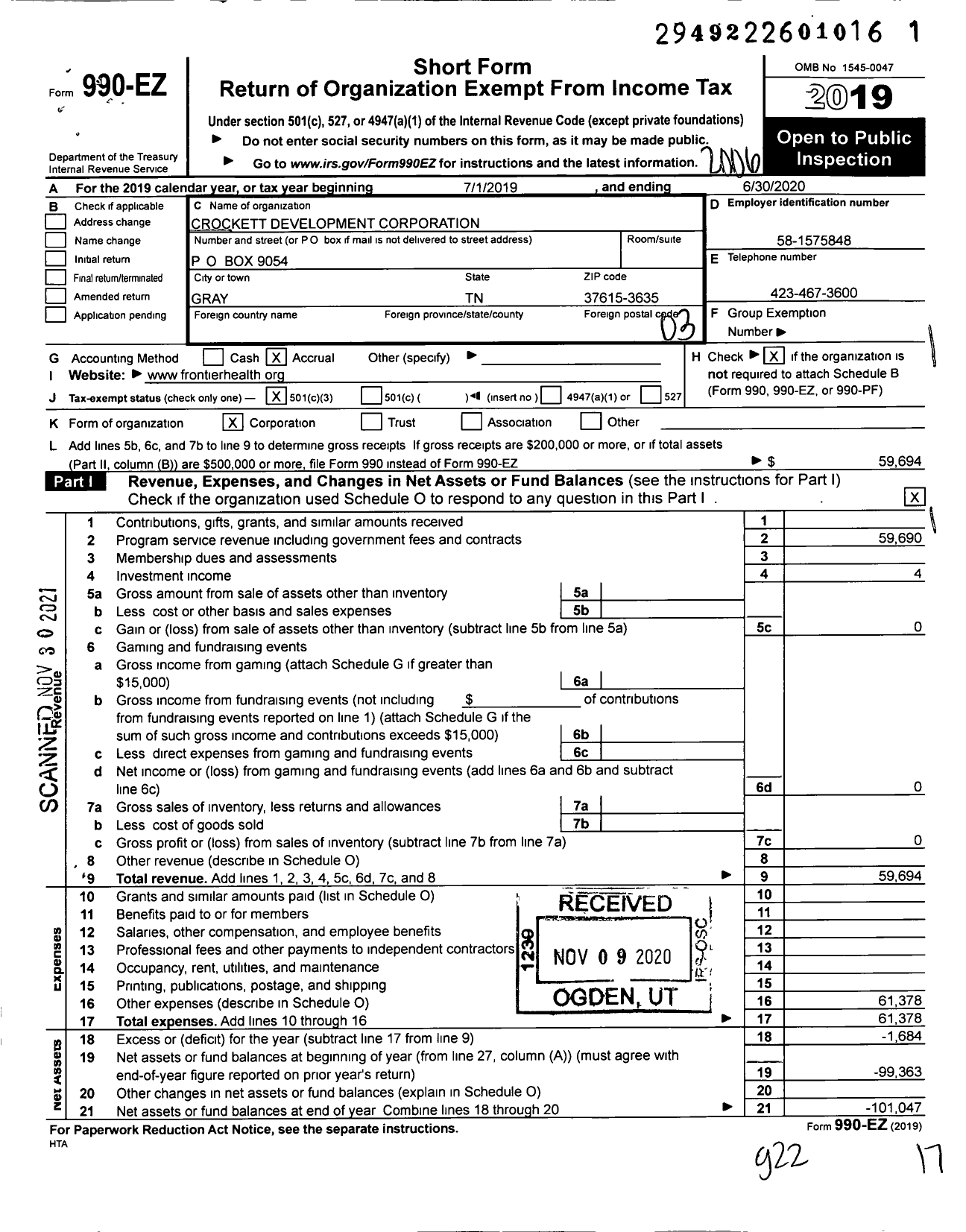 Image of first page of 2019 Form 990EZ for Crockett Development Corporation