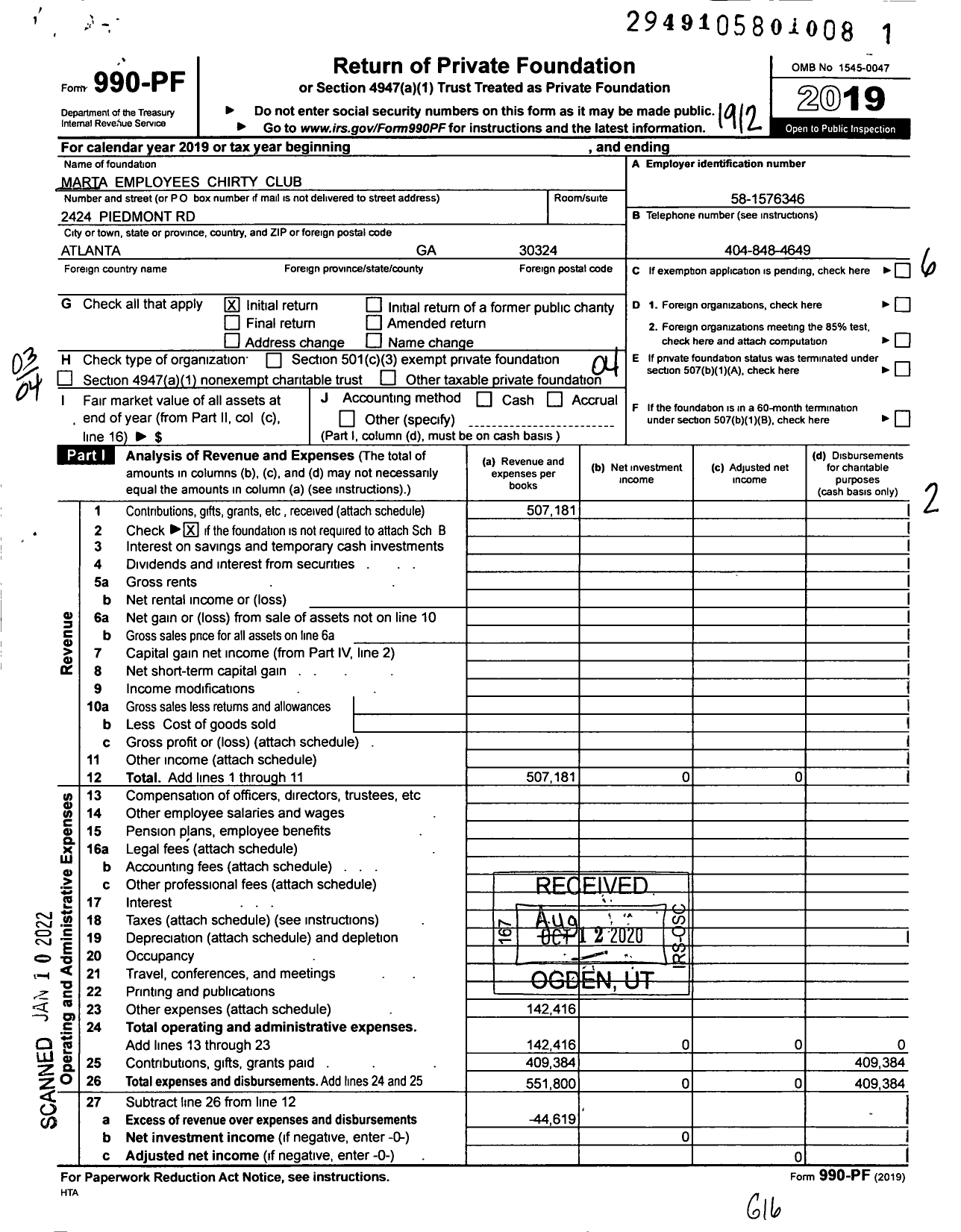 Image of first page of 2019 Form 990PF for Marta Employees Charity Club