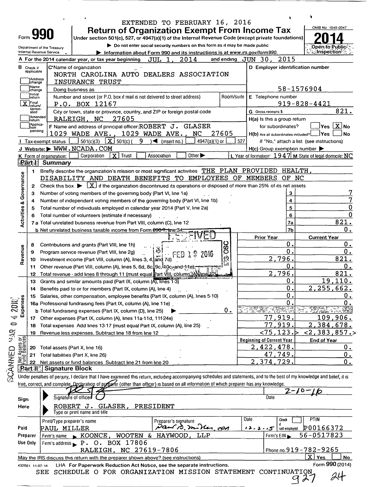 Image of first page of 2014 Form 990O for North Carolina Auto Dealers Association Insurance Trust