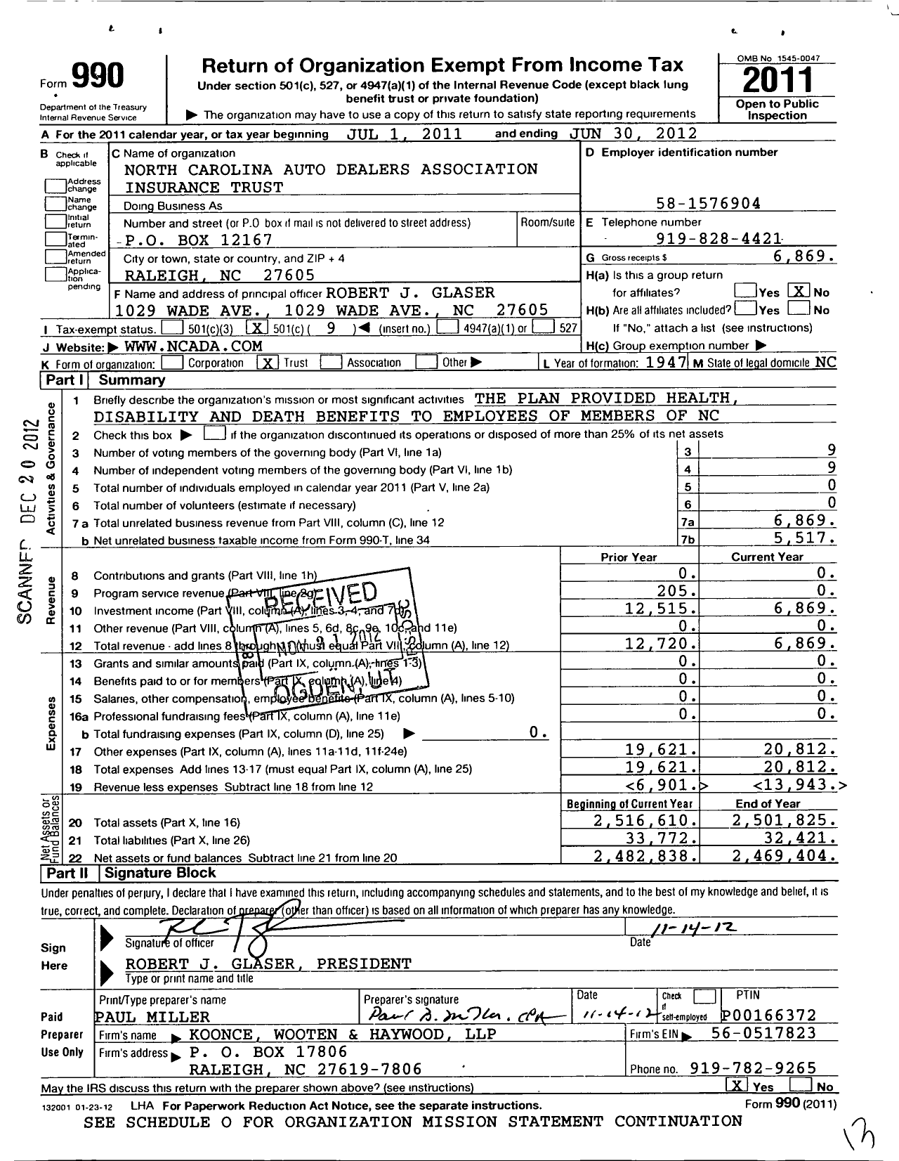 Image of first page of 2011 Form 990O for North Carolina Auto Dealers Association Insurance Trust