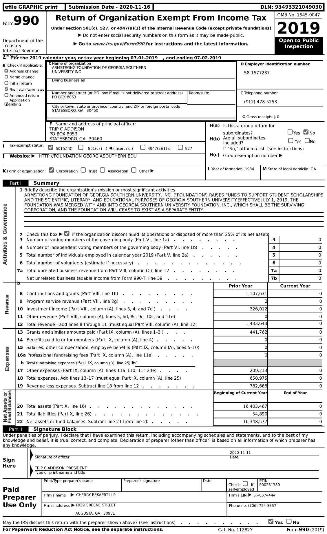 Image of first page of 2018 Form 990 for Armstrong Foundation of Georgia Southern University