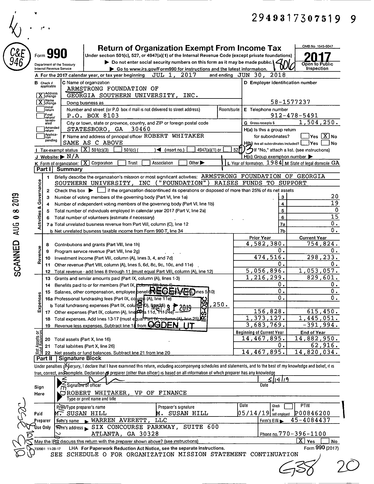 Image of first page of 2017 Form 990 for Armstrong Foundation of Georgia Southern University