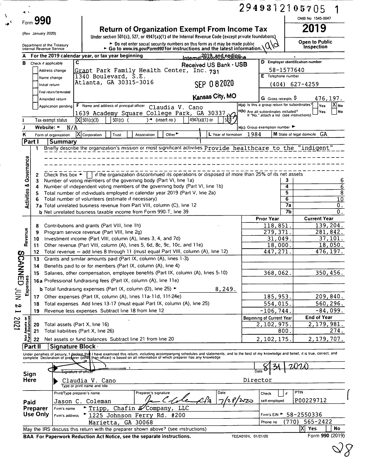 Image of first page of 2019 Form 990 for Grant Park Family Health Center