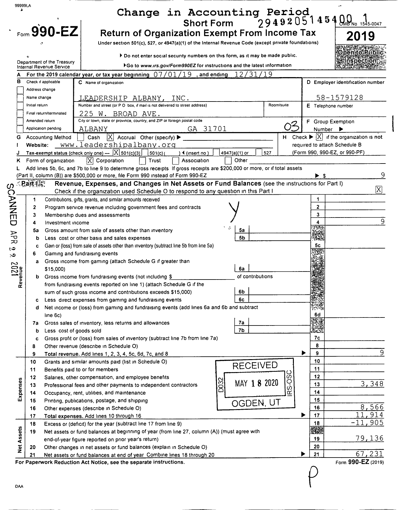 Image of first page of 2019 Form 990EZ for Leadership Albany