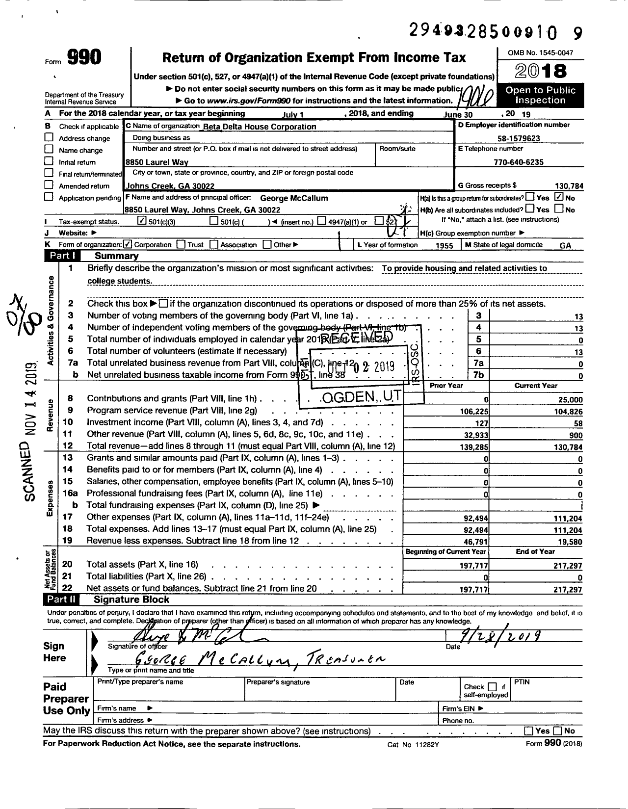 Image of first page of 2018 Form 990O for Beta Delta House Corporation