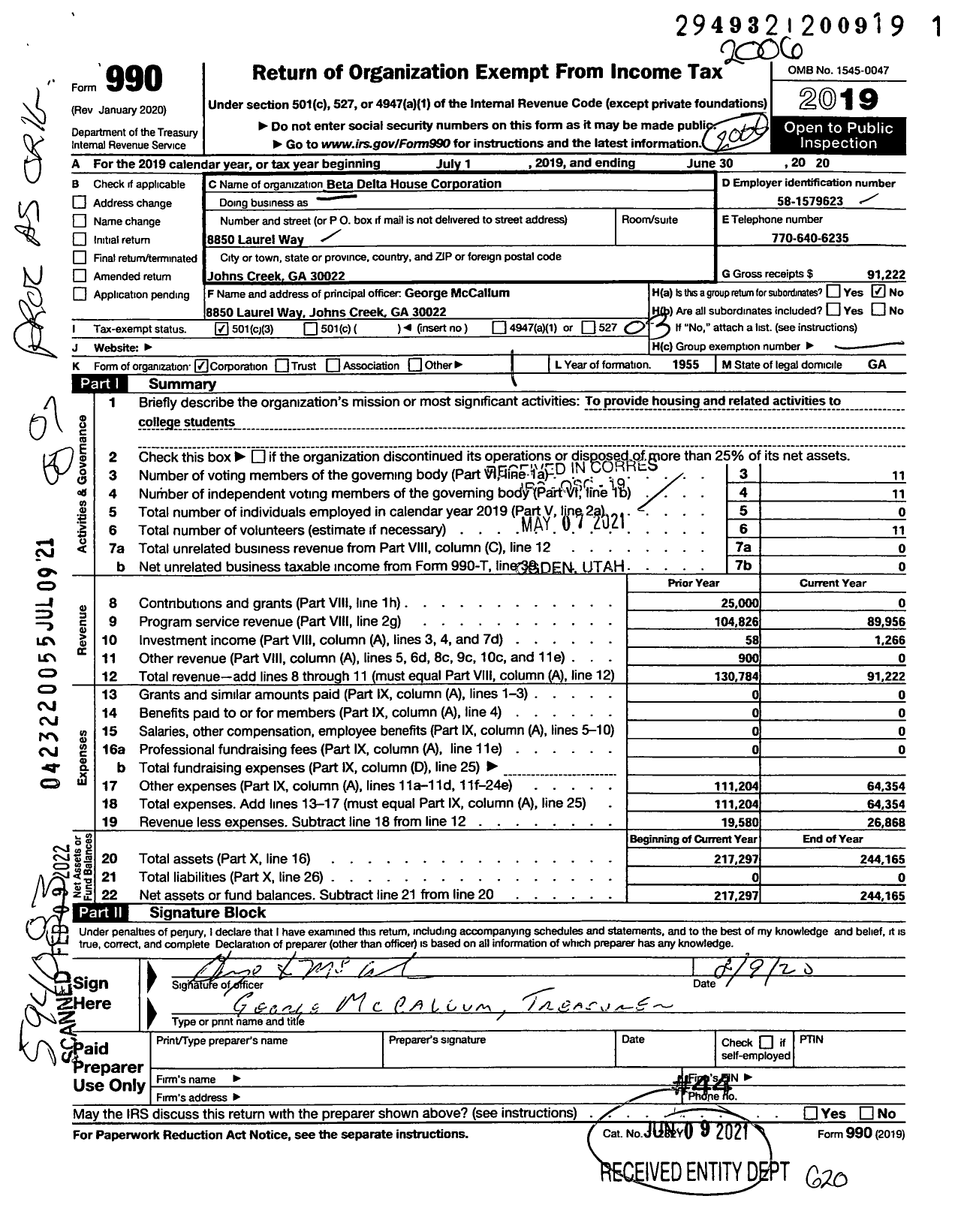 Image of first page of 2019 Form 990 for Beta Delta House Corporation