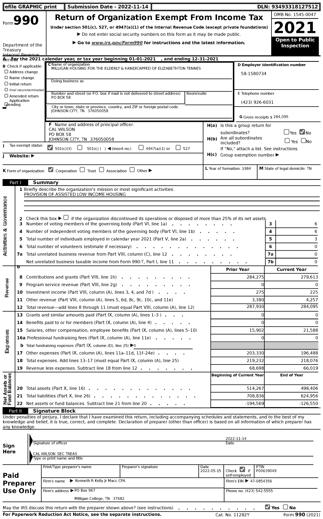 Image of first page of 2021 Form 990 for Milligan Housing for the Elderly and Handicapped of Elizabethton Tennessee