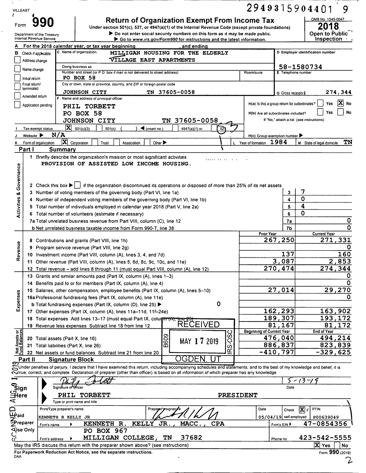 Image of first page of 2018 Form 990 for Milligan Housing for the Elderly and Handicapped of Elizabethton Tennessee